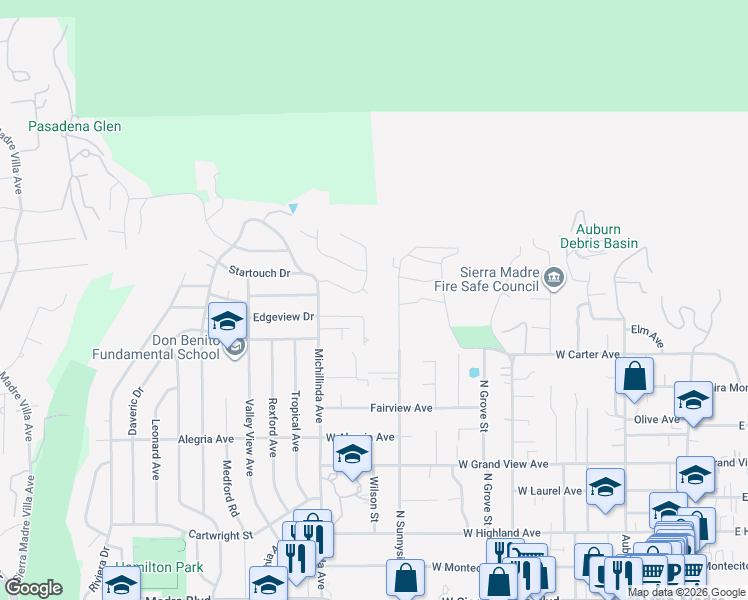 map of restaurants, bars, coffee shops, grocery stores, and more near 3984 Park Vista Circle in Pasadena