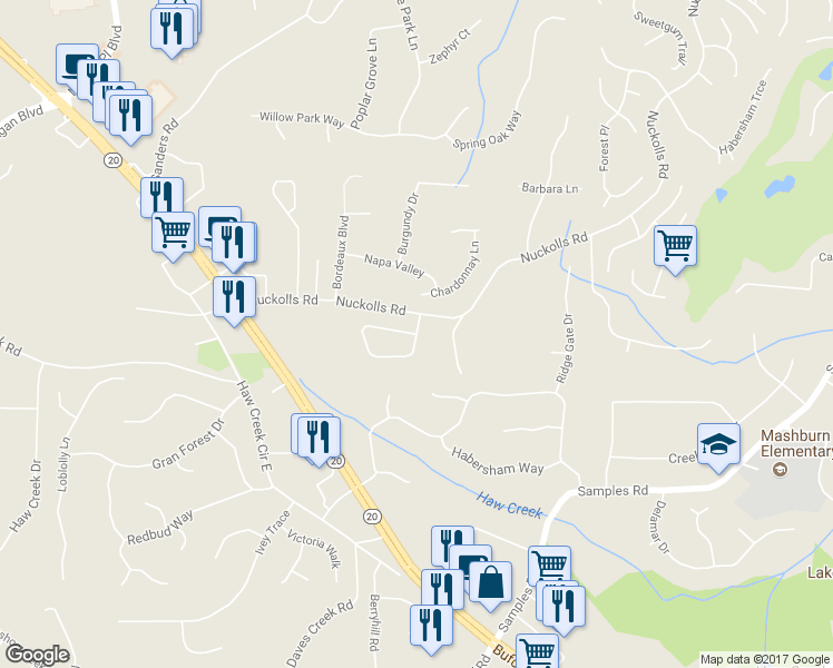 map of restaurants, bars, coffee shops, grocery stores, and more near 2705 Grapevine Circle in Cumming