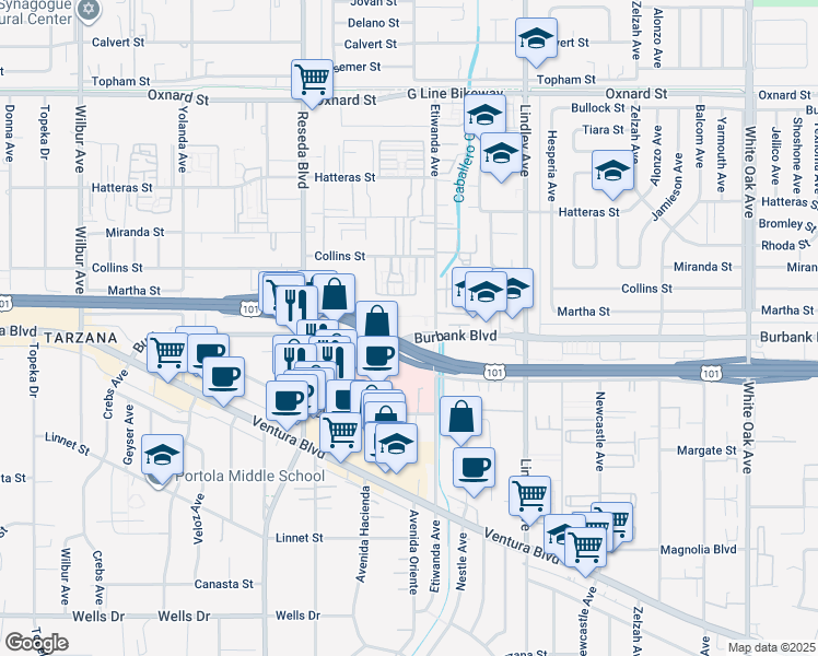 map of restaurants, bars, coffee shops, grocery stores, and more near 18307 Burbank Boulevard in Los Angeles