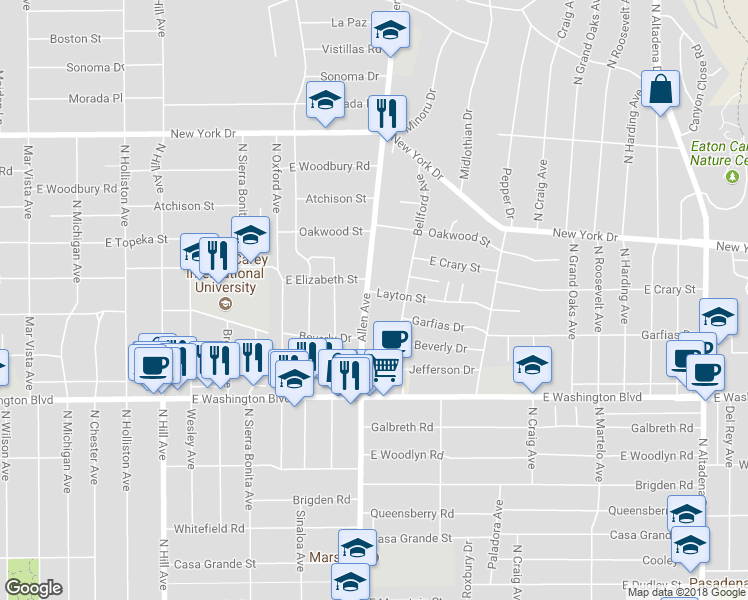 map of restaurants, bars, coffee shops, grocery stores, and more near 1540 Allen Avenue in Pasadena