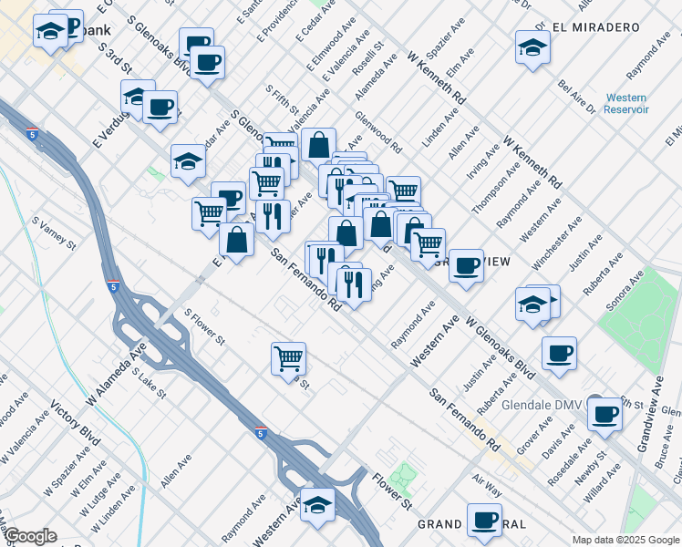 map of restaurants, bars, coffee shops, grocery stores, and more near 1029 Allen Avenue in Glendale