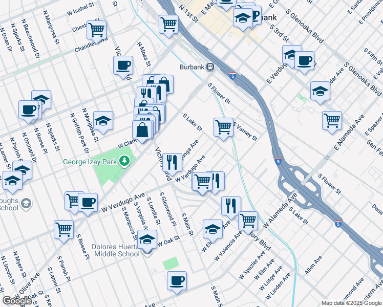 map of restaurants, bars, coffee shops, grocery stores, and more near 246 West Tujunga Avenue in Burbank
