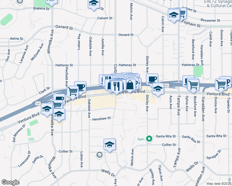 map of restaurants, bars, coffee shops, grocery stores, and more near Ventura Boulevard & Corbin Avenue in Los Angeles