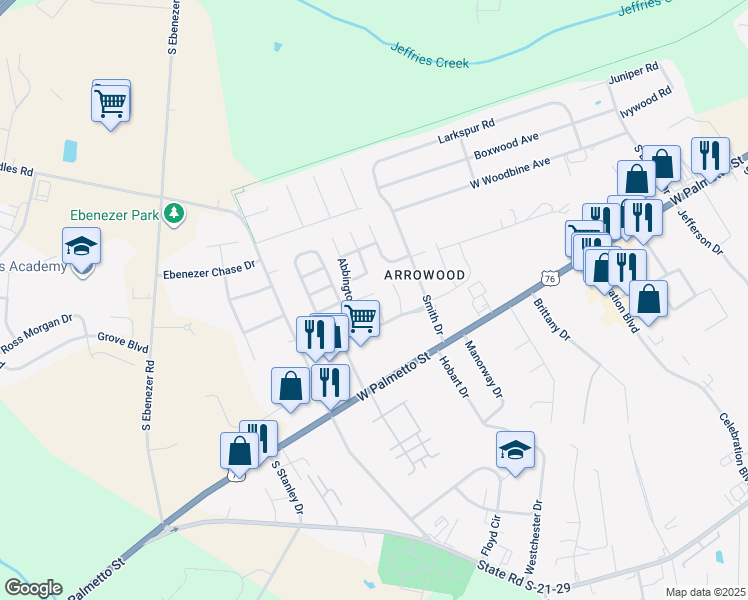 map of restaurants, bars, coffee shops, grocery stores, and more near 908 Kenley Hall in Florence