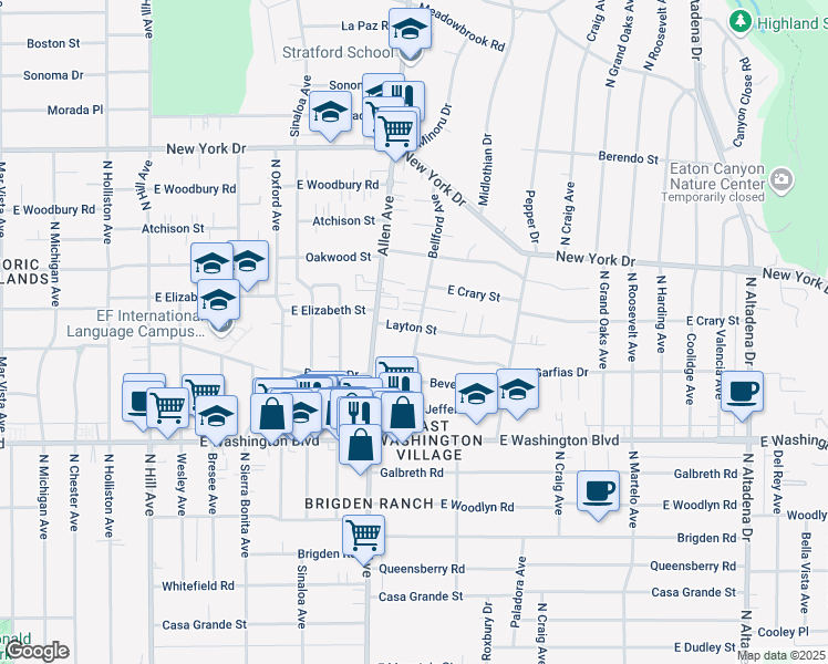 map of restaurants, bars, coffee shops, grocery stores, and more near 1897 Layton Street in Pasadena