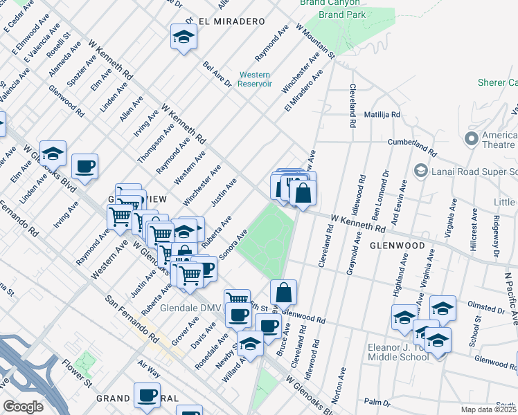 map of restaurants, bars, coffee shops, grocery stores, and more near 1500 West Kenneth Road in Glendale