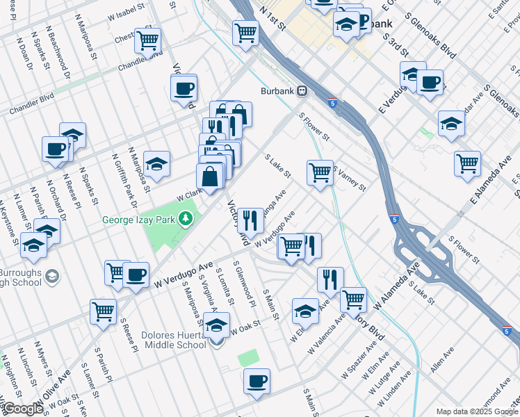 map of restaurants, bars, coffee shops, grocery stores, and more near 245 West Tujunga Avenue in Burbank