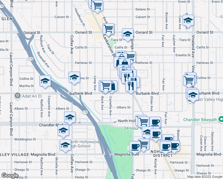 map of restaurants, bars, coffee shops, grocery stores, and more near 5625 Farmdale Avenue in Los Angeles