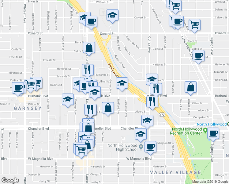 map of restaurants, bars, coffee shops, grocery stores, and more near 5626 Radford Avenue in Los Angeles
