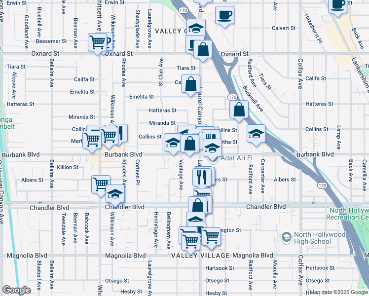 map of restaurants, bars, coffee shops, grocery stores, and more near 5625 Vantage Avenue in Los Angeles