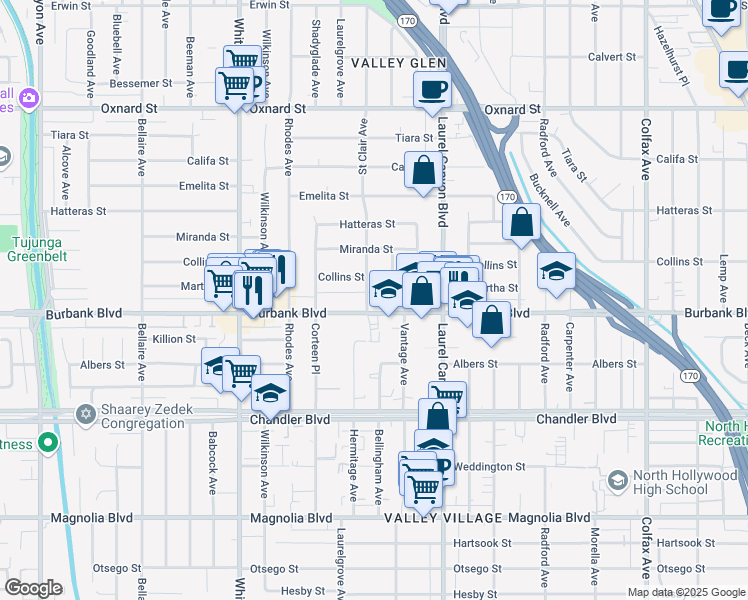 map of restaurants, bars, coffee shops, grocery stores, and more near 5624 Saint Clair Avenue in Los Angeles