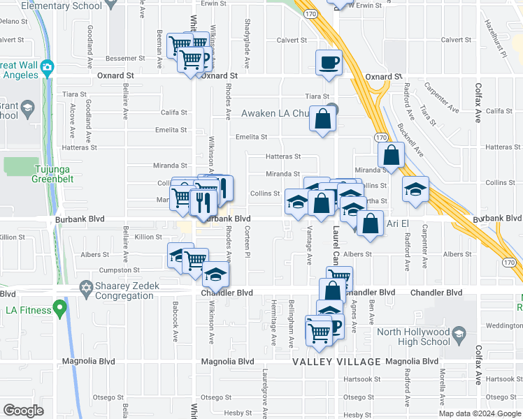 map of restaurants, bars, coffee shops, grocery stores, and more near 12300 Collins Street in Los Angeles