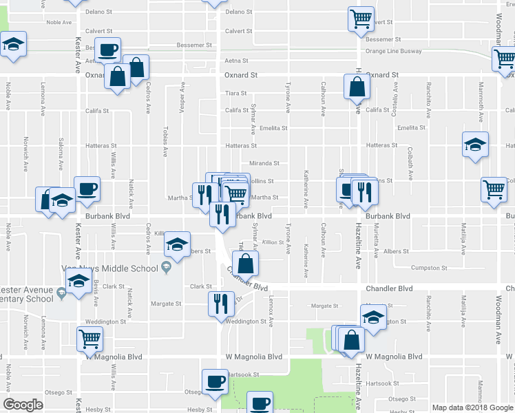 map of restaurants, bars, coffee shops, grocery stores, and more near 14348 Martha Street in Los Angeles