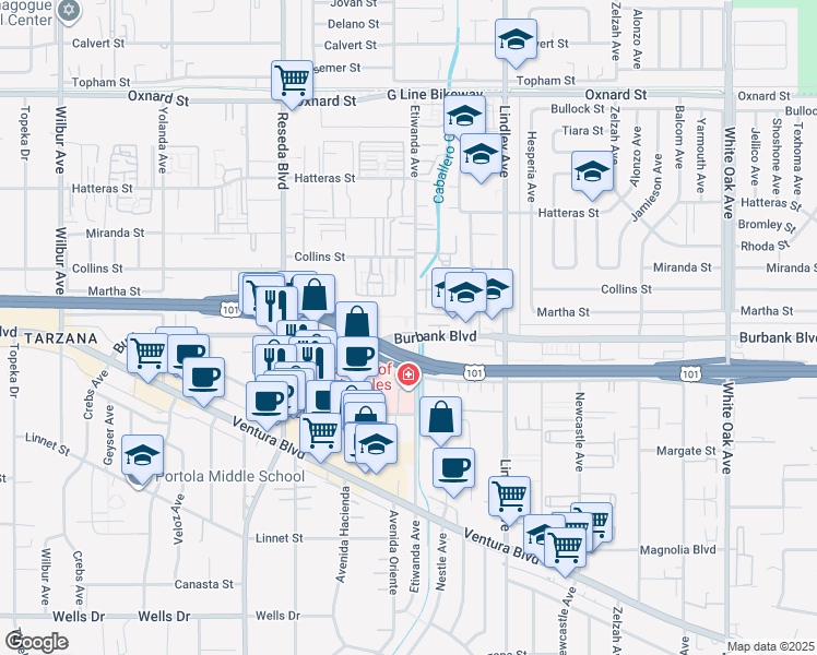 map of restaurants, bars, coffee shops, grocery stores, and more near 18307 Burbank Boulevard in Los Angeles