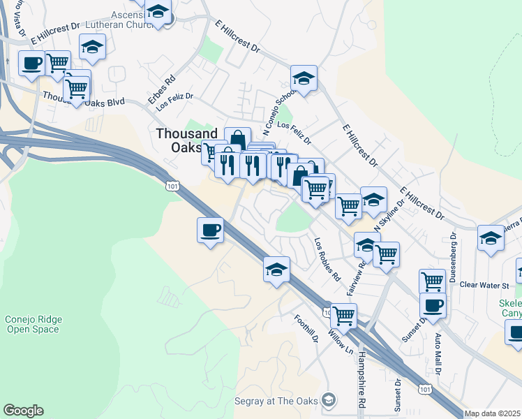 map of restaurants, bars, coffee shops, grocery stores, and more near 2456B Pleasant Way in Thousand Oaks