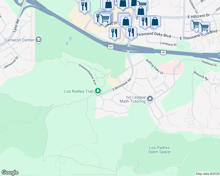 map of restaurants, bars, coffee shops, grocery stores, and more near 296 Green Moor Place in Thousand Oaks