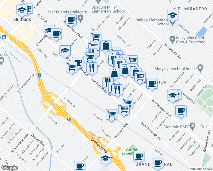 map of restaurants, bars, coffee shops, grocery stores, and more near 1010 Linden Avenue in Glendale