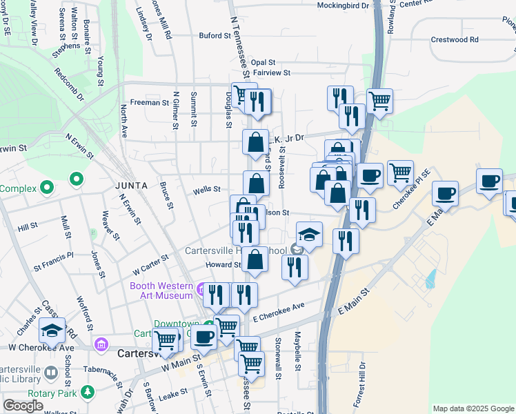map of restaurants, bars, coffee shops, grocery stores, and more near 333 Georgia 61 in Cartersville