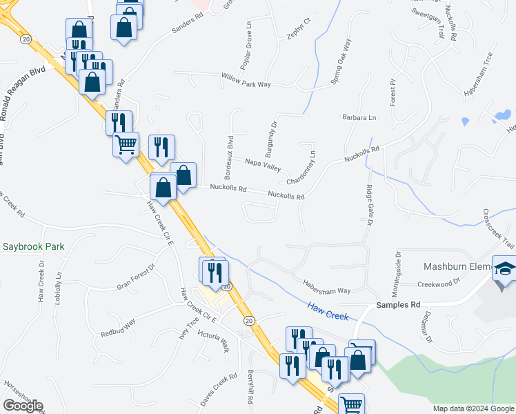 map of restaurants, bars, coffee shops, grocery stores, and more near 2708 Grapevine Circle in Cumming