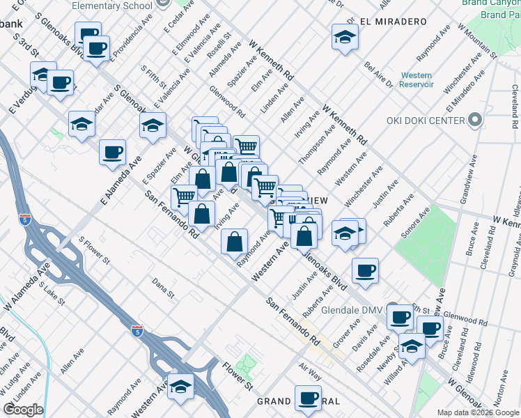 map of restaurants, bars, coffee shops, grocery stores, and more near Thompson Avenue in Glendale