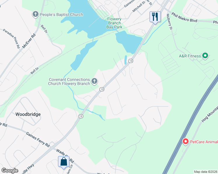 map of restaurants, bars, coffee shops, grocery stores, and more near 5753 Atlanta Highway in Flowery Branch