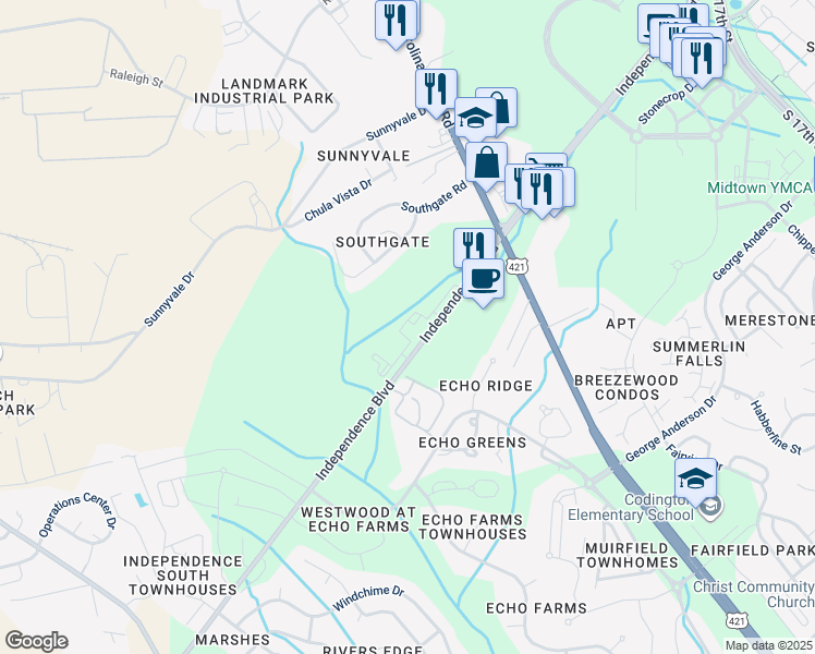 map of restaurants, bars, coffee shops, grocery stores, and more near 3938 Independence Boulevard in Wilmington