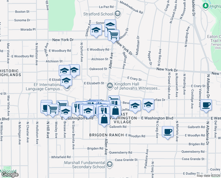 map of restaurants, bars, coffee shops, grocery stores, and more near 1540 Allen Avenue in Pasadena
