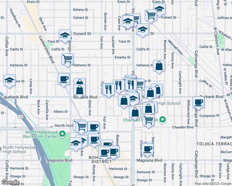 map of restaurants, bars, coffee shops, grocery stores, and more near 5630 Fulcher Avenue in Los Angeles