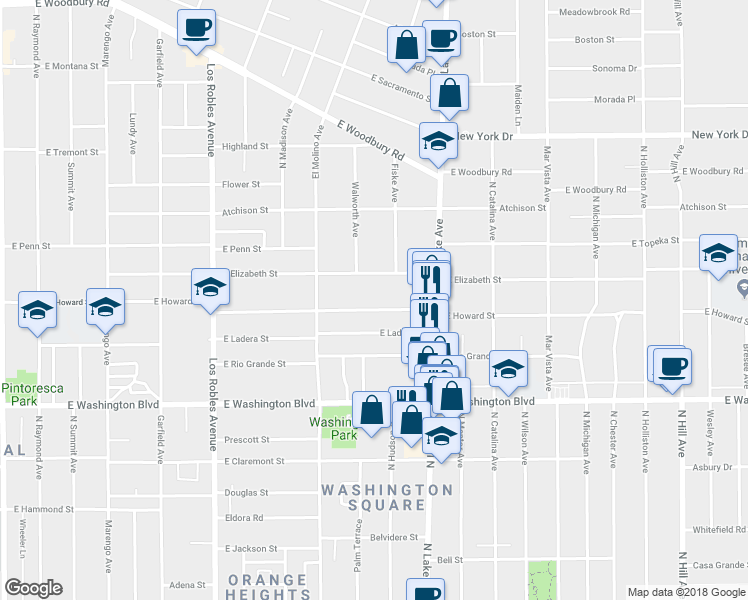 map of restaurants, bars, coffee shops, grocery stores, and more near 769 East Howard Street in Pasadena