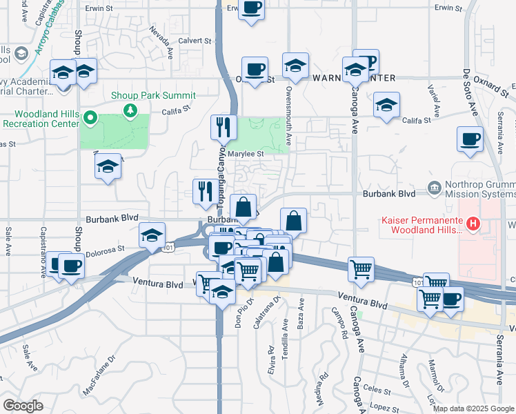 map of restaurants, bars, coffee shops, grocery stores, and more near 21821 Burbank Boulevard in Los Angeles