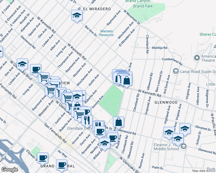 map of restaurants, bars, coffee shops, grocery stores, and more near 1500 West Kenneth Road in Glendale