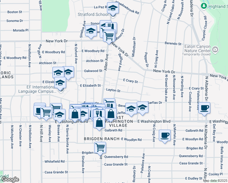 map of restaurants, bars, coffee shops, grocery stores, and more near 1897 Layton Street in Pasadena