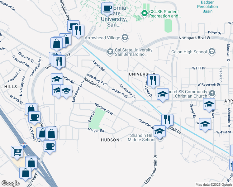 map of restaurants, bars, coffee shops, grocery stores, and more near 1523 Indian Trail in San Bernardino