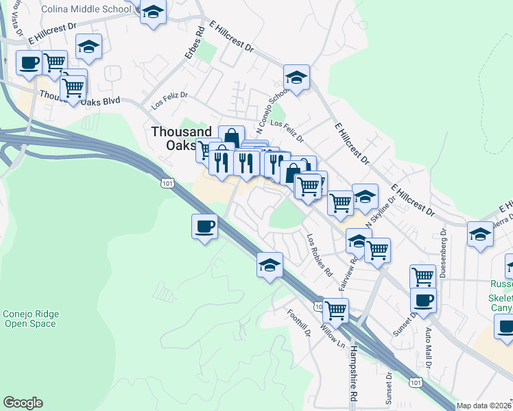 map of restaurants, bars, coffee shops, grocery stores, and more near 2402 Pleasant Way in Thousand Oaks