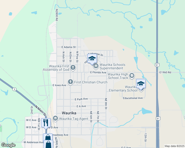 map of restaurants, bars, coffee shops, grocery stores, and more near 605 East Florida Avenue in Waurika