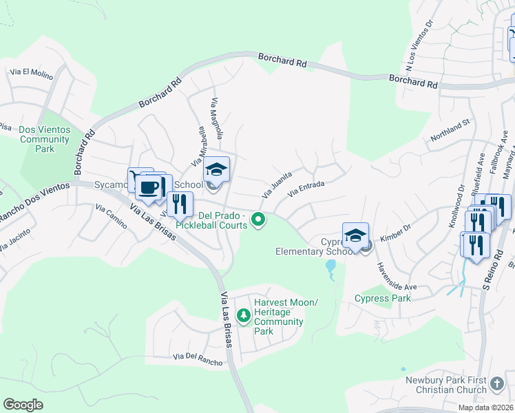 map of restaurants, bars, coffee shops, grocery stores, and more near 4501 Via Rio in Thousand Oaks