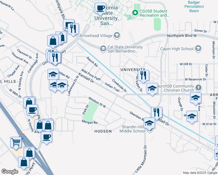 map of restaurants, bars, coffee shops, grocery stores, and more near 1523 Indian Trail in San Bernardino