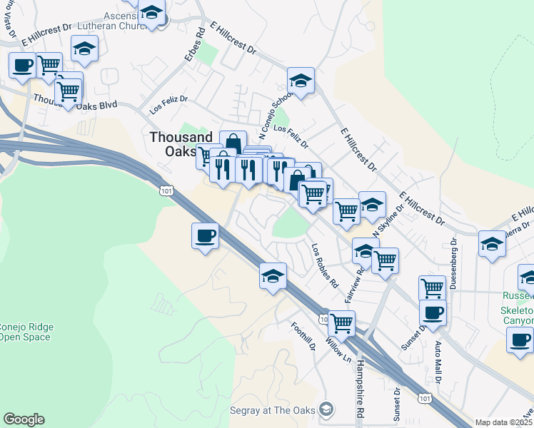 map of restaurants, bars, coffee shops, grocery stores, and more near 2450 Pleasant Way in Thousand Oaks