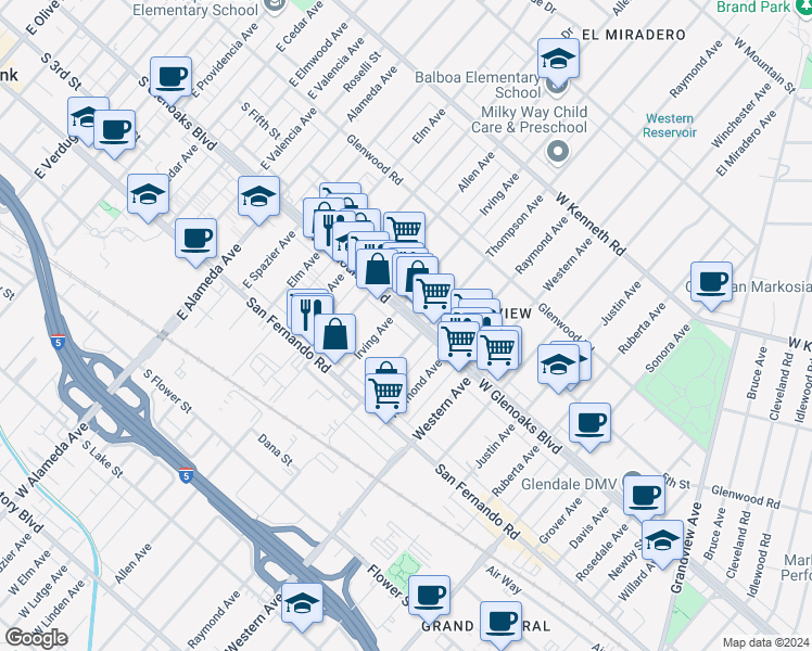 map of restaurants, bars, coffee shops, grocery stores, and more near 1812 West Glenoaks Boulevard in Glendale