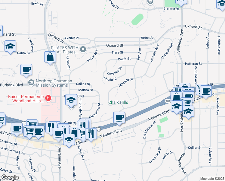 map of restaurants, bars, coffee shops, grocery stores, and more near 5634 Mason Avenue in Los Angeles