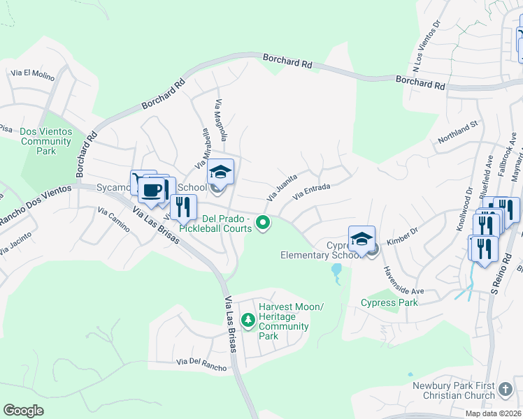 map of restaurants, bars, coffee shops, grocery stores, and more near 278 Via Monterey in Thousand Oaks