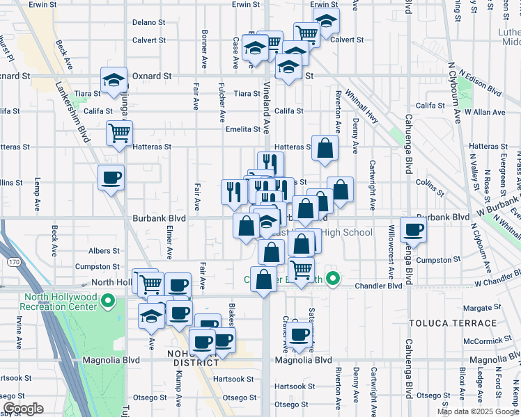 map of restaurants, bars, coffee shops, grocery stores, and more near 11009 Burbank Boulevard in Los Angeles