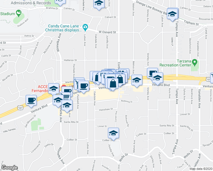 map of restaurants, bars, coffee shops, grocery stores, and more near 19805 Ventura Boulevard in Los Angeles
