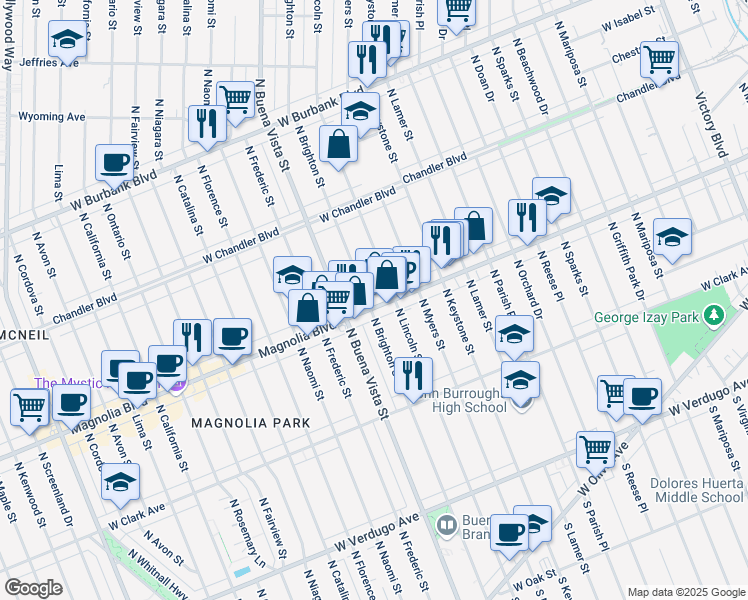 map of restaurants, bars, coffee shops, grocery stores, and more near 716 North Brighton Street in Burbank
