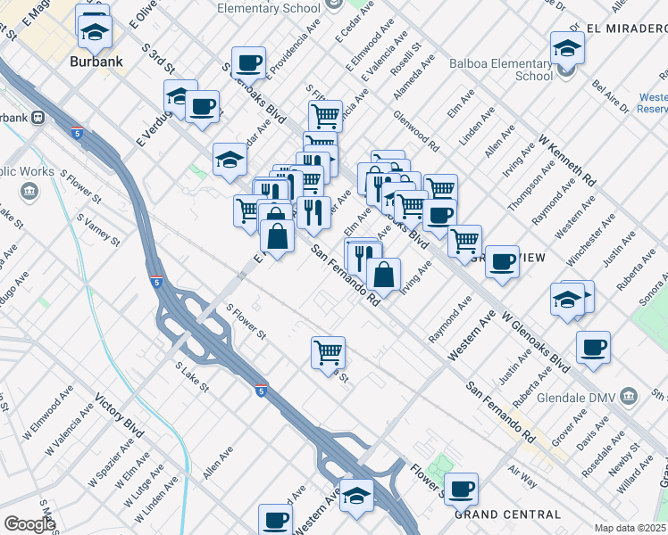 map of restaurants, bars, coffee shops, grocery stores, and more near 1029 Allen Avenue in Glendale