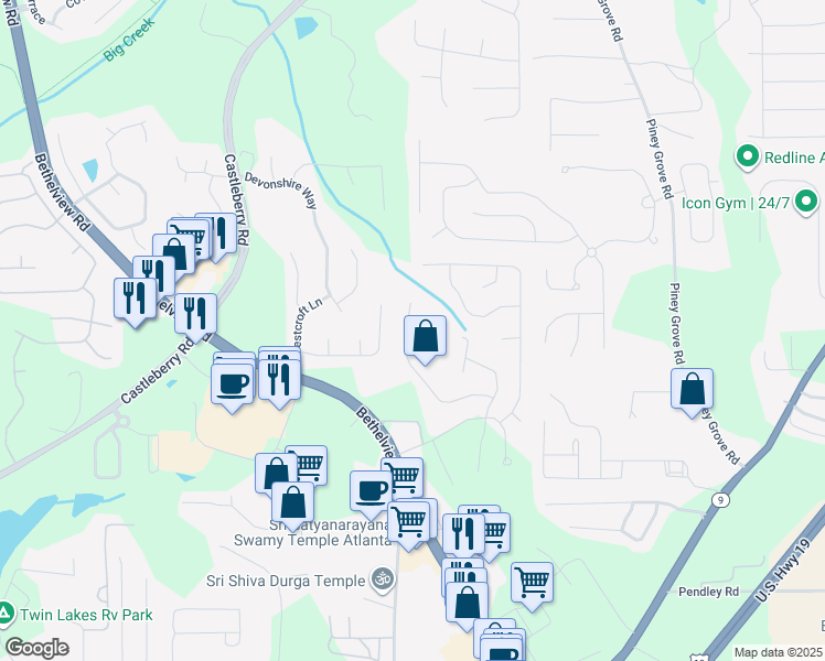map of restaurants, bars, coffee shops, grocery stores, and more near 6460 Whirlaway Drive in Cumming