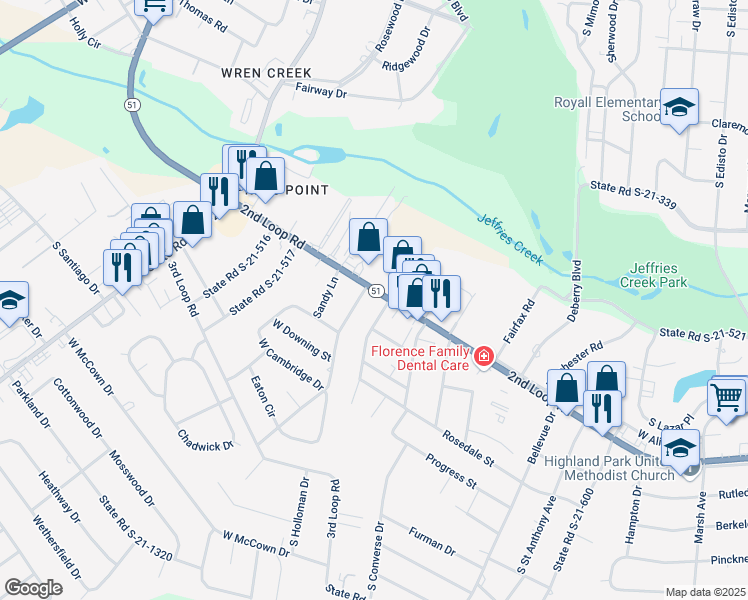 map of restaurants, bars, coffee shops, grocery stores, and more near 1100 South Mayfair Terrace in Florence