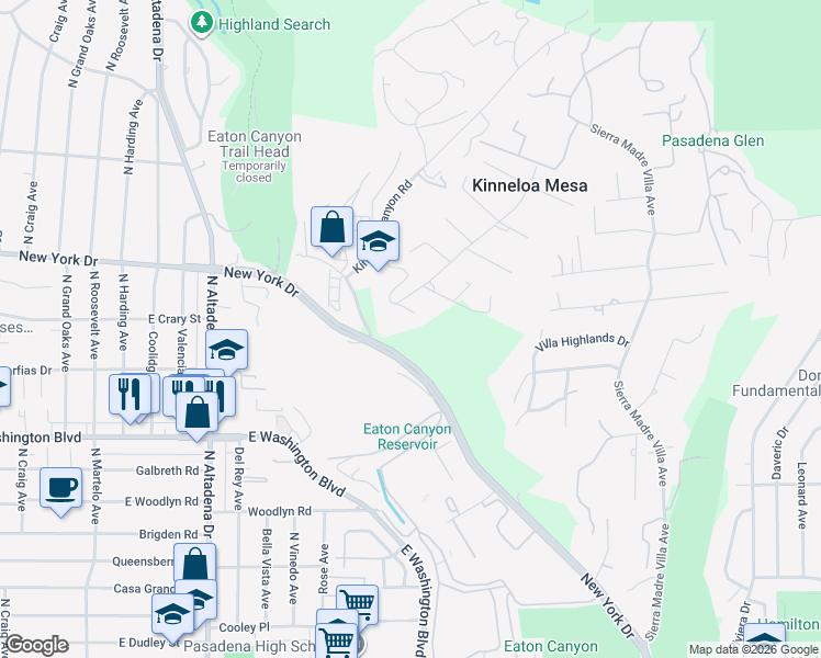 map of restaurants, bars, coffee shops, grocery stores, and more near 2928 Larmona Drive in Pasadena