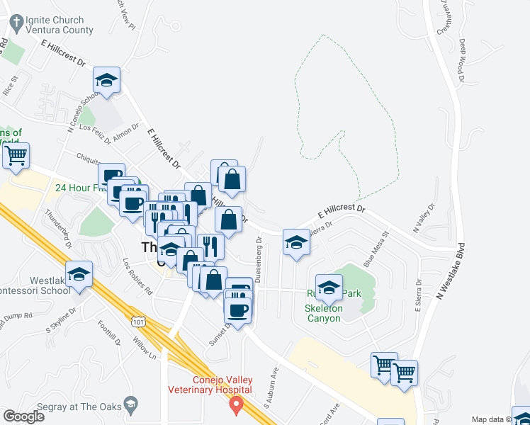 map of restaurants, bars, coffee shops, grocery stores, and more near Hillcrest Drive in Thousand Oaks