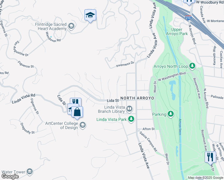 map of restaurants, bars, coffee shops, grocery stores, and more near 1450 Arroyo View Drive in Pasadena